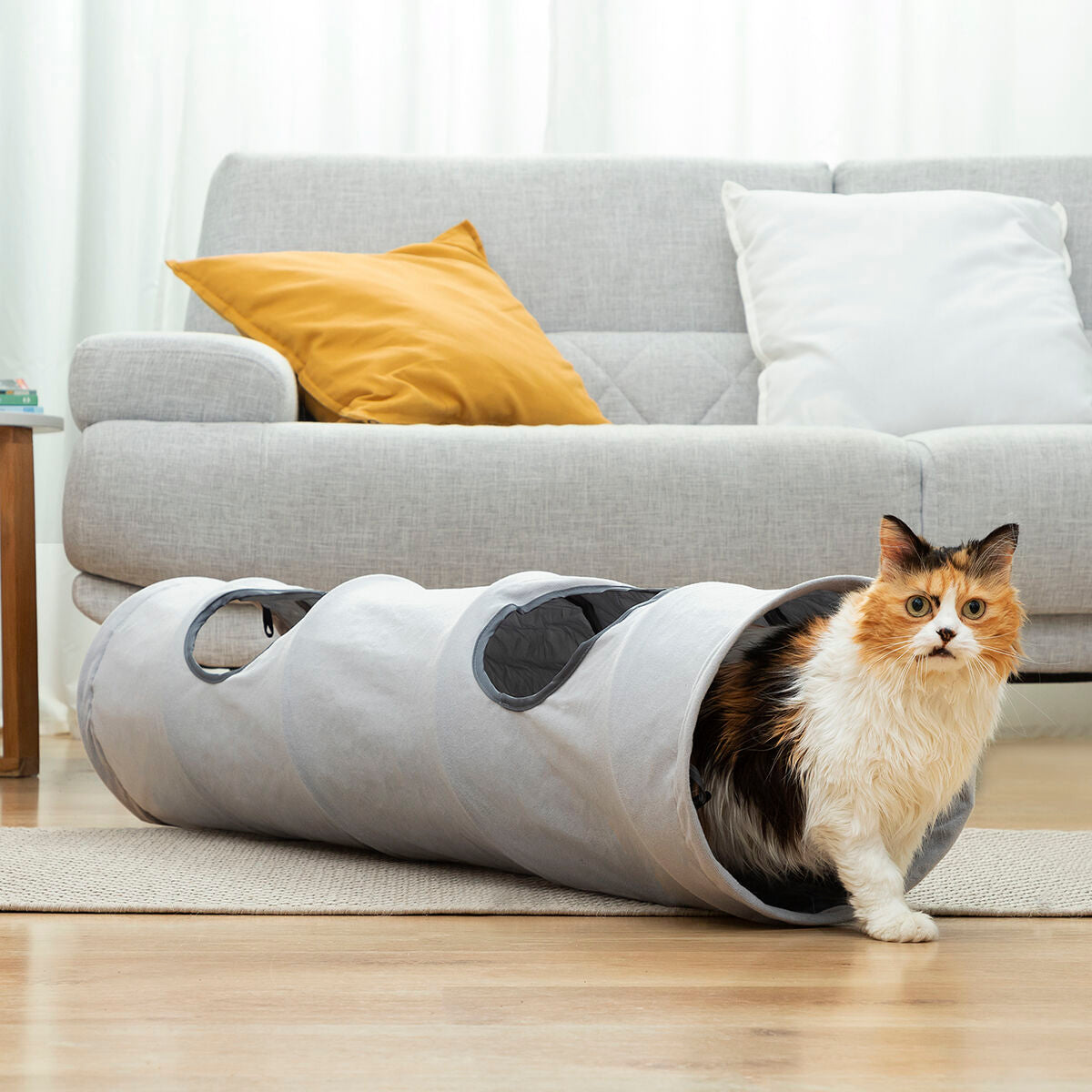Tunnel Pieghevole per Gatti e Animali Domestici Funnyl InnovaGoods – Giocattolo e Rifugio 2 in 1 Grigio ($\varnothing 25 \times 114 \text{ cm}$)