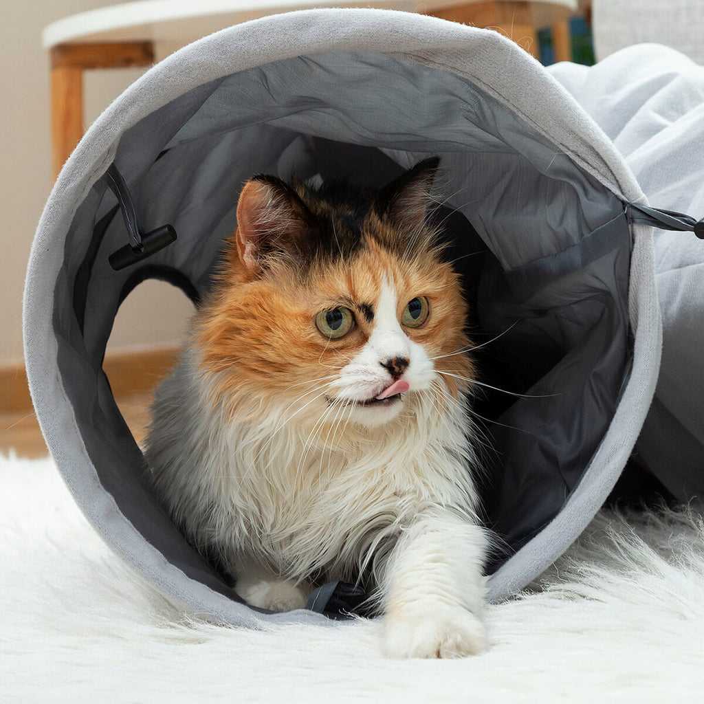 Tunnel Pieghevole per Gatti e Animali Domestici Funnyl InnovaGoods – Giocattolo e Rifugio 2 in 1 Grigio ($\varnothing 25 \times 114 \text{ cm}$)