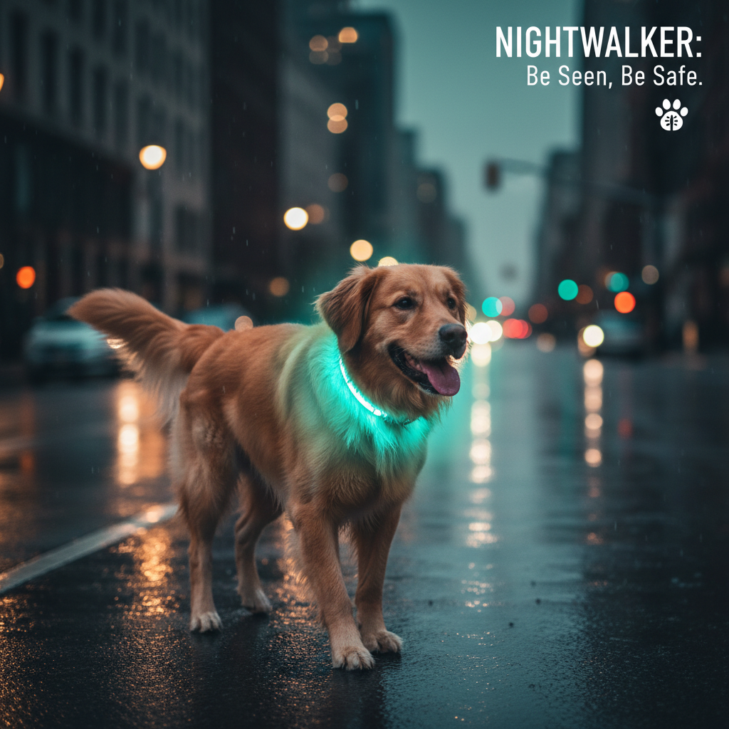 Cane con collare LED luminoso di sicurezza durante una passeggiata notturna