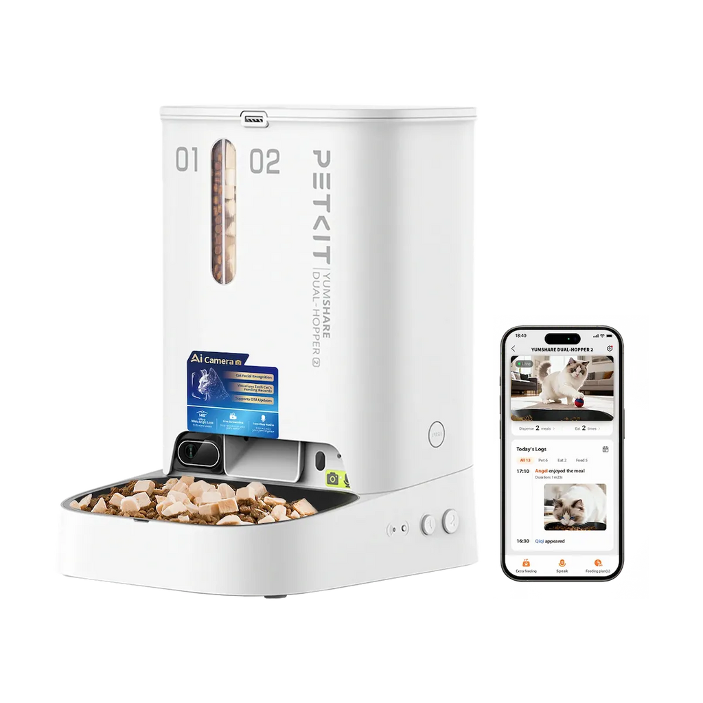 Distributore cibo automatico per gatti YumShare Dual Hopper 2 con telecamera AI, dettaglio doppio serbatoio