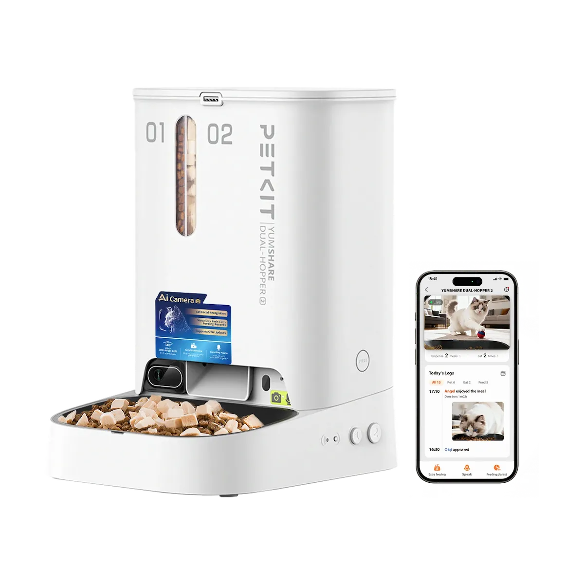 Distributore cibo automatico per gatti YumShare Dual Hopper 2 con telecamera AI, dettaglio doppio serbatoio